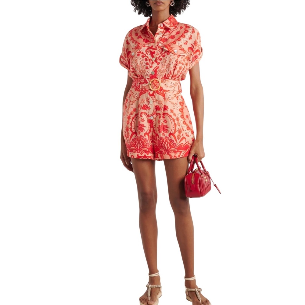Farm Rio Red Jaipur Floral Linen Belted Romper XL Short Sleeve